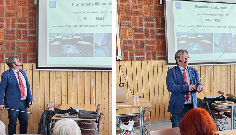 Man föreläser i matsal.