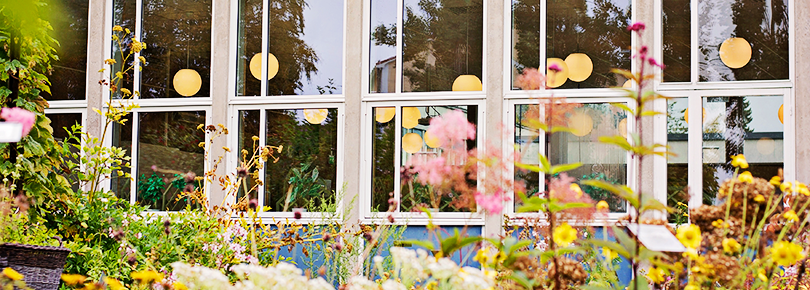 Fasaden med blommor framför