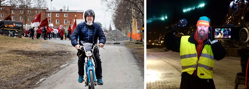 Kollage. Man åker moped. Den andra bilden visar samma man vid videokamera.