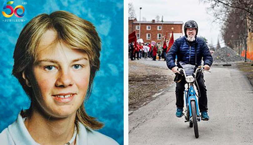 Skolfoto-bild samt man som åker moped.