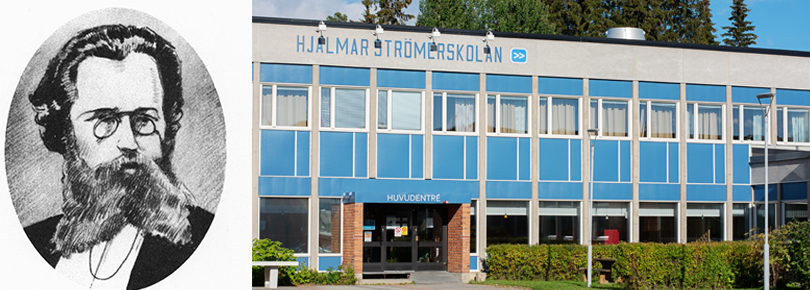 Hjalmar Strömerskolans fasad samt en ritad bild på Hjalmar Strömer.